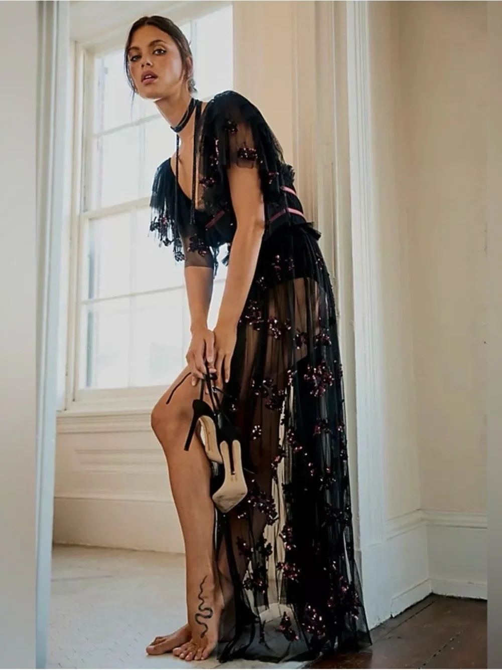 Free People Just A Dream Maxi Bodysuit Black Sequin Sheer Mesh Dress Size Small - Picture 7 of 16